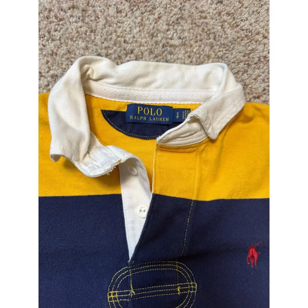 Polo Ralph Lauren Rugby Shirt Mens Small Yellow Navy Blue Striped Long Sleeve